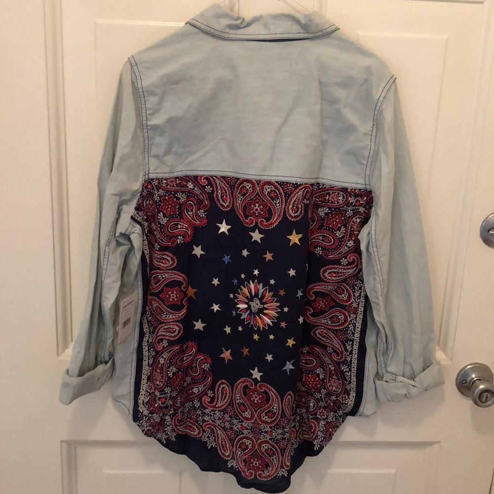 Free People Denim Shirt Bandana Bandit Print New